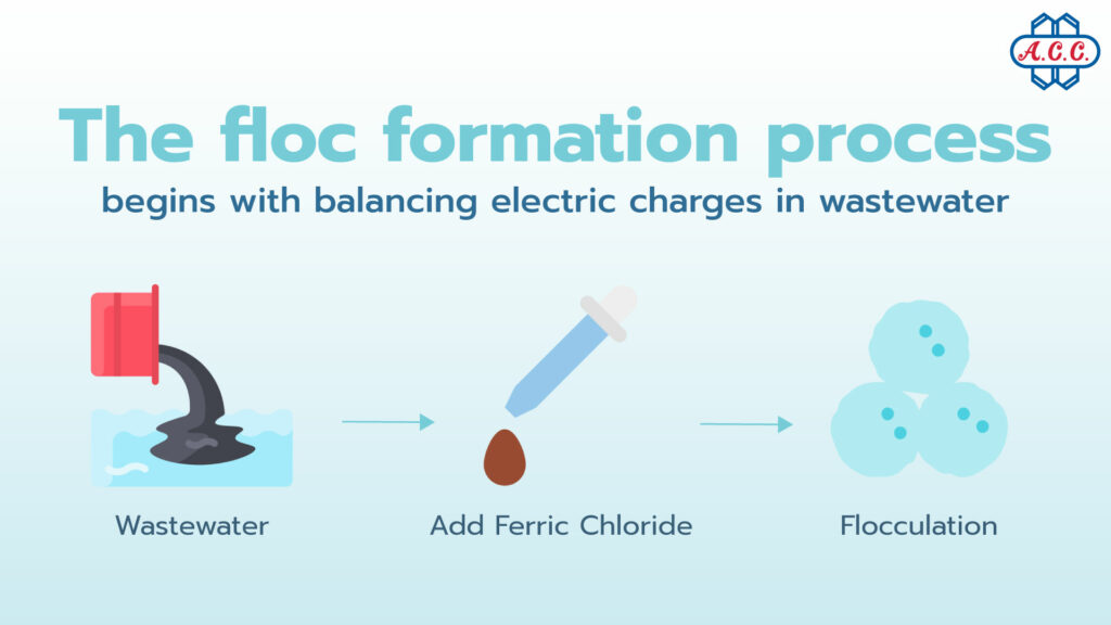 The floc formation process begins with balancing electric charges in wastewater